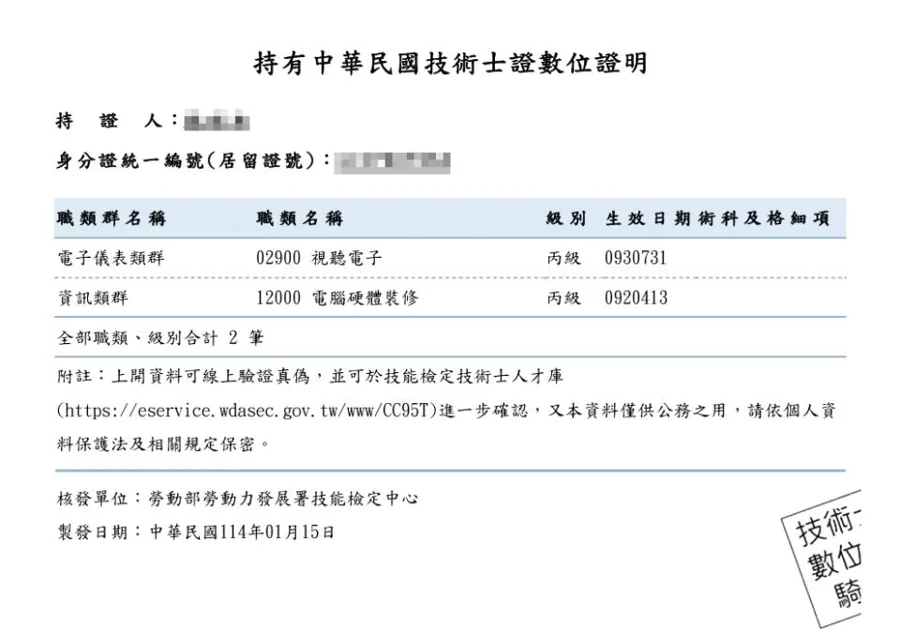 已遮蔽持證人個資的技術士數位證明，列有視聽電子與電腦硬體裝修丙級