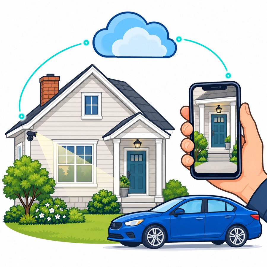 住宅、車輛與手機遠端監看的服務形象示意